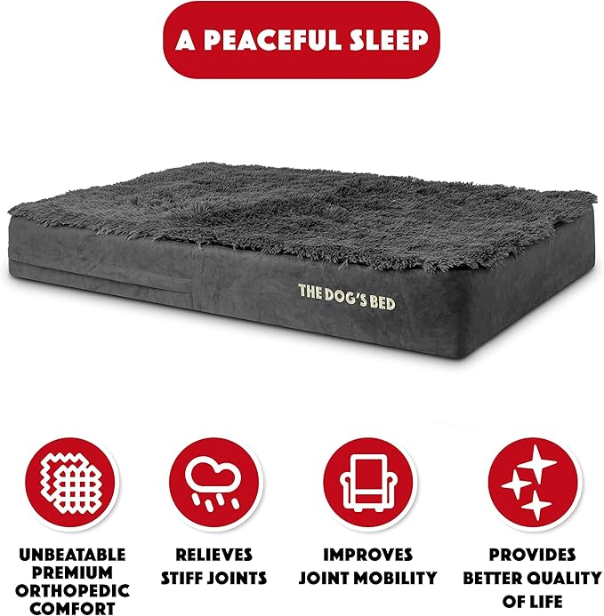 The Dog’s Bed Orthopedic Memory Foam Dog Bed, XL Grey Fur 46x28, Pain Relief for Arthritis, Hip & Elbow Dysplasia, Post Surgery, Lameness, Supportive, Calming, Waterproof Washable Cover