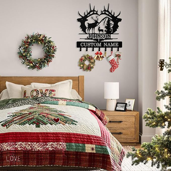 Personalized Deer Key Holder Wall Mount, Custom Metal Keys Hanger for Wall with Name, Custom Key Rack Holder with Hooks for Entryway, Front Door, Hallway, Living Room, Kitchen