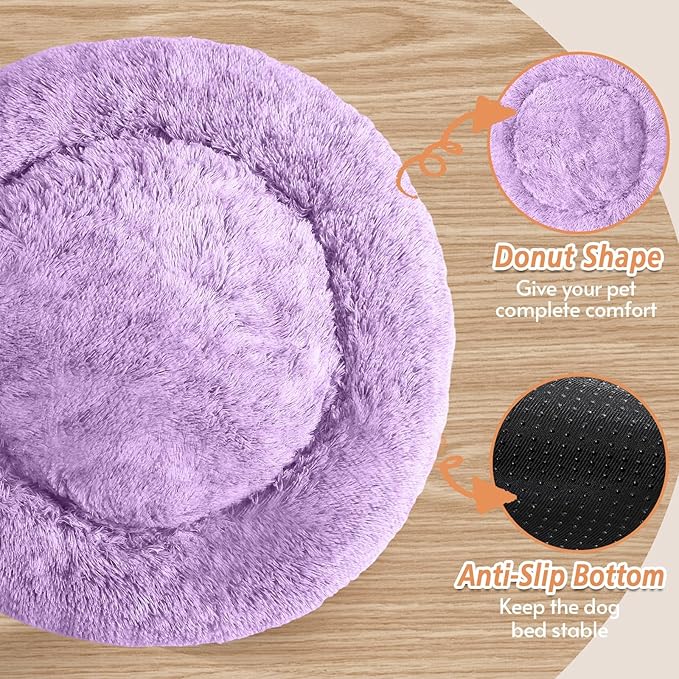 JOLLYVOGUE Calming Dog & Cat Bed for Large Dogs, Anti-Anxiety Donut Cuddler Cozy Soft Round Bed with Anti-Slip Bottom, Fluffy Faux Fur Plush Cushion Beds for Medium Dogs (36")