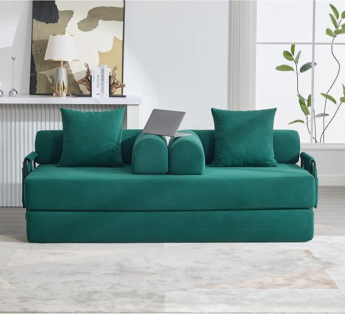 Convertible Sleeper Sofa Bed, Folding Floor Sofa Bed with Fixed-Shape Frame, Corduroy Floor Sleeper Sofa with Storage Pocket, Futon Boneless Sofa Couch for Living Room, Emerald Green