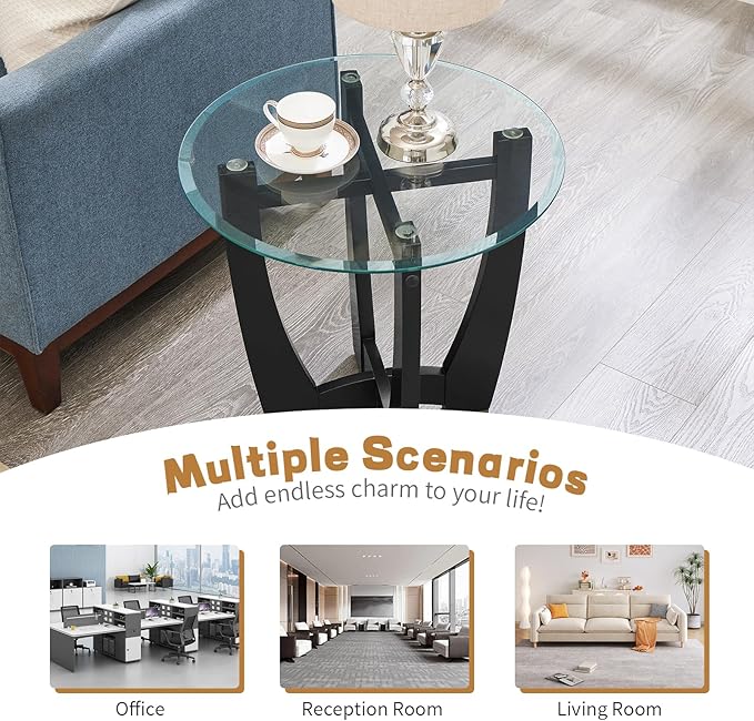 LKTART Glass End Table, 23.5" Round Side Tables with Tempered Glass Top Cross and Solid Wood Base Small Night Stand for Living Room Office Apartment Black