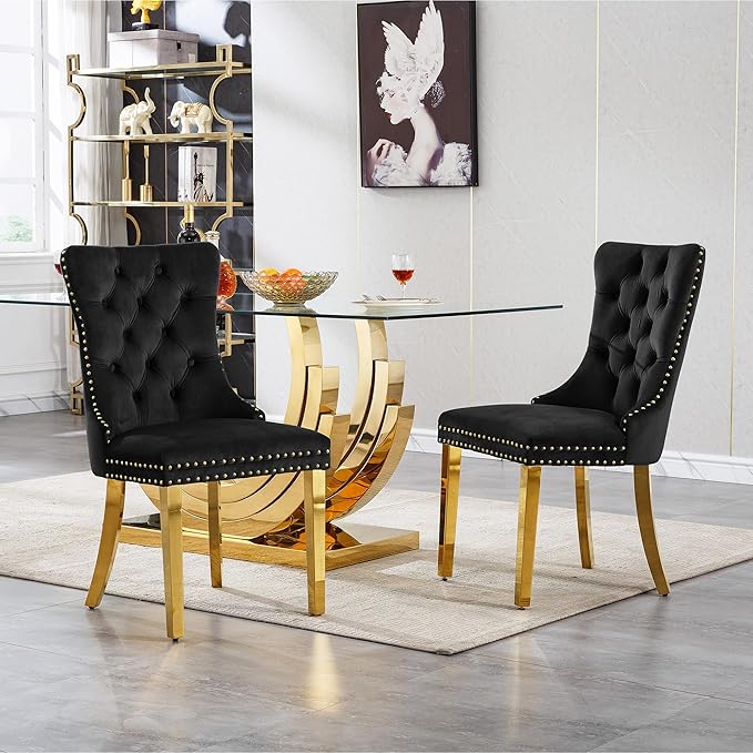 7 Piece Dining Table Set with 6 Black Dining Chairs, Modern Glass Kitchen Table and Chairs Set for 6, 70" Rectangle Gold Glass Pedestal Dining Room Tables with Ring-Shape Stainless Steel Base