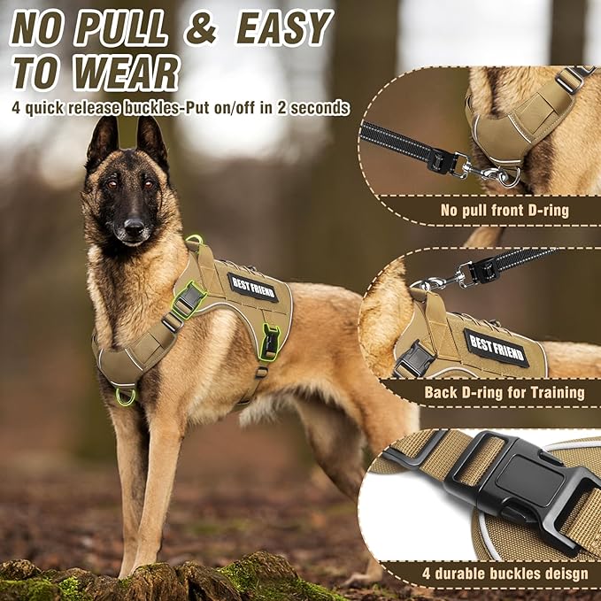 Tactical Dog Harness for Large Dogs,No Pull Military Dog Vest with Handle,Reflective Heavy Duty Pet Harness for Walking Hiking Training Brown L