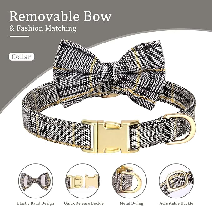 Beirui Cute Extra Small Dog Harness Collar and Leash Set with Bowtie, Soft Adjustable Plaid Puppy Harness for Small Sized Dogs Cats Walks Parties and Photoshoots(Gray,XXS:Chest 12-14")