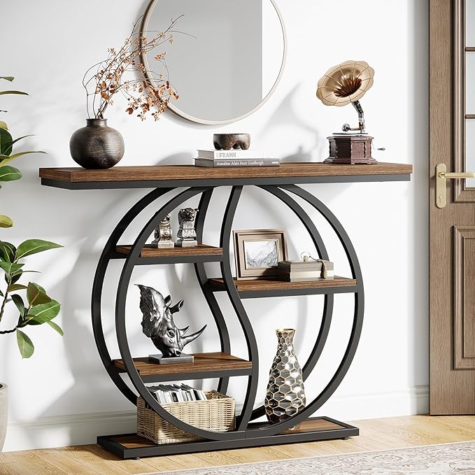 Tribesigns 47.24" Entryway Table, Industrial 5-Tier Console Sofa Table with Multiple Storage Shelves, Narrow Wood Accent Long Tables with Metal Frame for Small Spaces, Hallway, Foyer, Rustic Brown