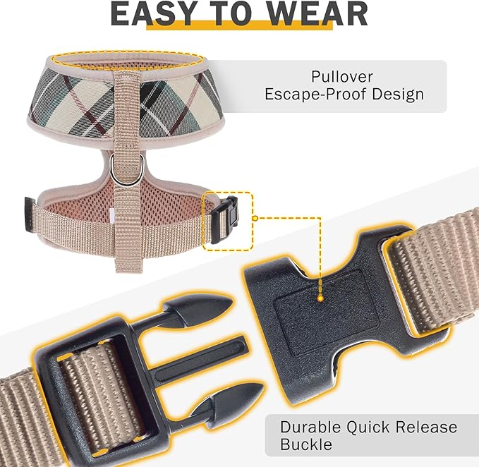 SCENEREAL No Pull Dog Harness Collar and Leash Set for Small Sized Dogs, Soft Mesh Step in Plaid Puppy Harnesses for Fall Winter, Pet Vest for Outdoor Walking Training and Running, Beige XS