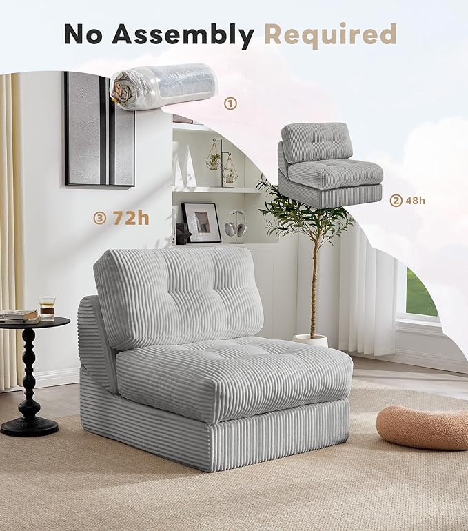 Tbfit 35.8'' Folding Sofa Bed, Convertible Sleeper Chair with Large Pillow, Corduroy Folding Couch Bed, Portable & Foldable Mattress Boneless Floor Sofa Set of 2, Grey