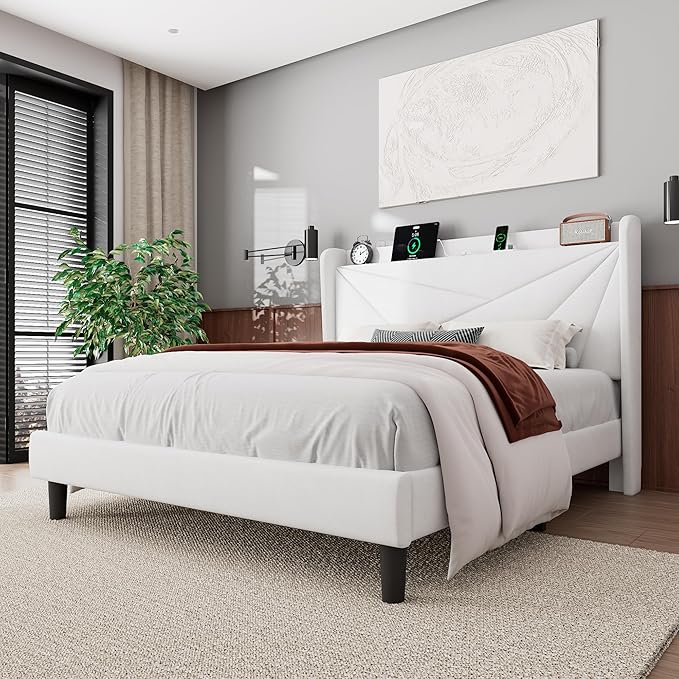Feonase Full Bed Frame with Charging Station, Velvet Upholstered Platform Bedframe with Wingback Headboard, Solid Wood Slats Support, Noise Free, No Box Spring Needed, White