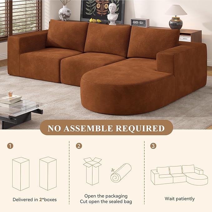 Modular Sectional Sofa with L-Shape Chaise,Cloud Sectional Modern Sleeper Couch with Deep Seat,Sponge Compression Sofas No Assembly Required(Brown-Corduroy Fabric) 1PCS