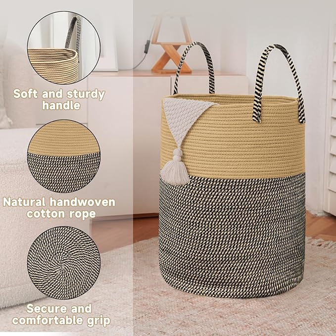 Large Woven Laundry Basket Hamper,60L Cotton Rope Storage Bin for Blankets,Toys and Clothes,Decorative Tall Nursery Hamper for Living Room,Baby Nursery,Bathroom and Bedroom,Brown and Black