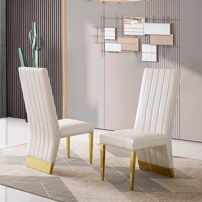 AUZ White and Gold Dining Chairs Set of 2, White PU Leather Dining Room Chair with Nailhead Trim and Gold Polished Metal Legs, Luxury High Back Dining Chairs