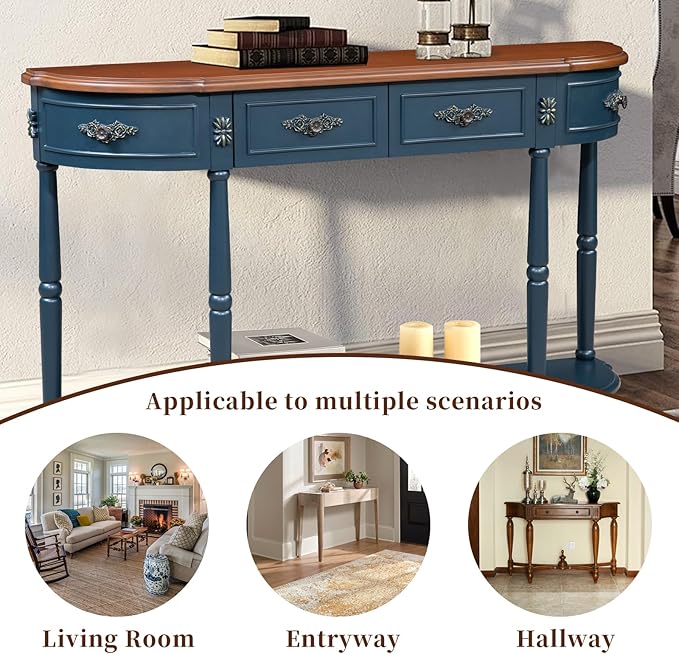 HMFULE Retro Curved Console Table, 52" Half Moon Sofa Entryway With 2 Drawers 1 Open Shelf, Solid Pine Legs for Living Room, Hallway, Navy Blue