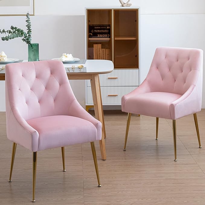 Modern Dining Chairs Set of 2, Mid Century Dining Chairs with 5.12” Cushions and Golden Legs, Velvet Upholstered with Back Pull Rod, for Kitchen, Living Room (Pink)