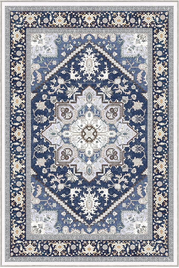 OPPODREAM Thin Throw Rugs 2x3, Small Washable Entryway Rugs 2 x 3 with Non Slip Backing, Low-Pile Faux Cashmere 2 x 3 Carpet, Navy Blue & Gold