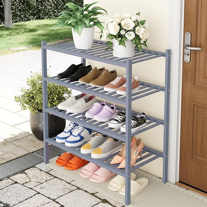 Smiry Shoe Rack, 4 Tier Thick Bamboo Shoe Organizer, Stackable Free Standing Wooden Shoe Storage Shelf for Closet, Entryway, Front Door Entrance, Grey