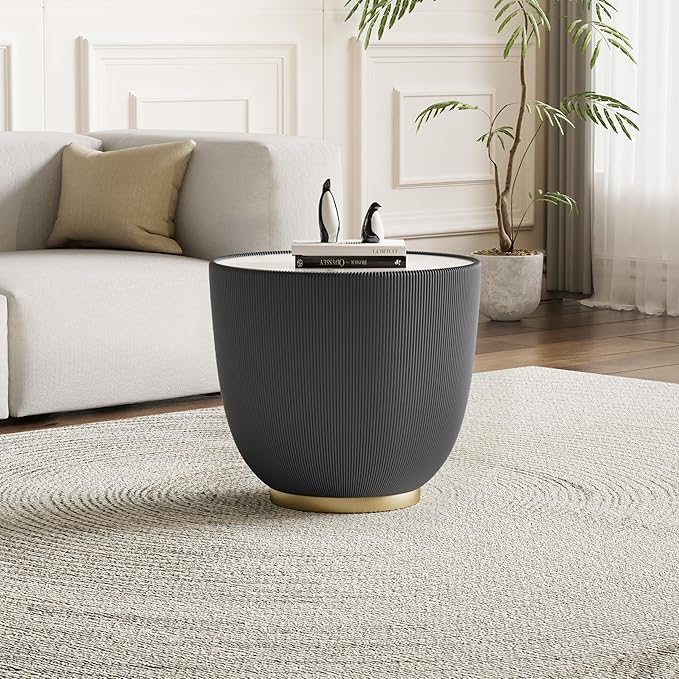 Round Coffee Table Set with Sintered Stone Tabletop, 27.56" Grey Drum Center Table and 19.69" Grey Coffee Table Set, 2 Pieces Living Room Table Set with Fluted PU Leather Cover& Metal Base