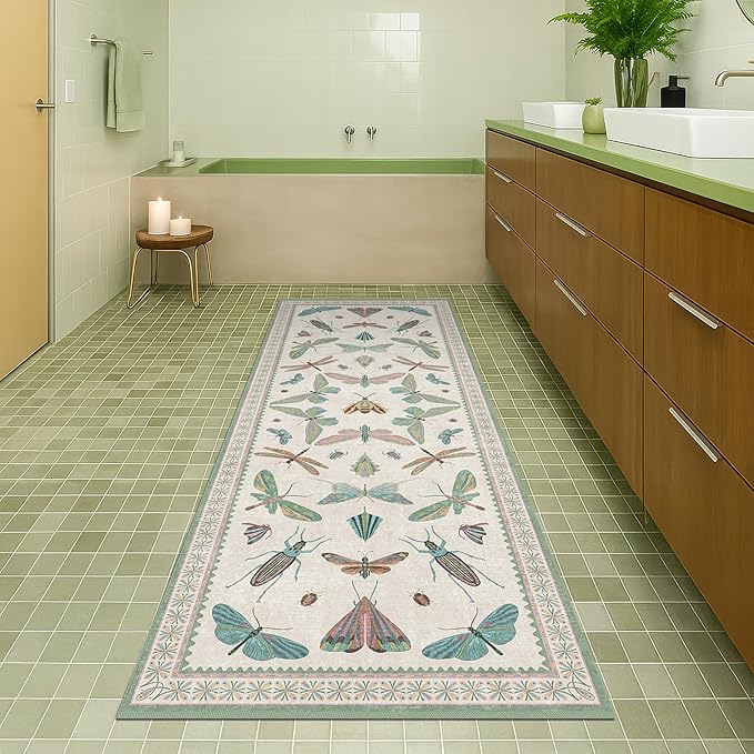 Washable Non Slip Bathroom Runner Rug 2x5, Insect Boho Bath Mat, Stain Resistant Low Pile Butterfly Insect Print Rugs for Laundry Room, Powder Room, Beige Green