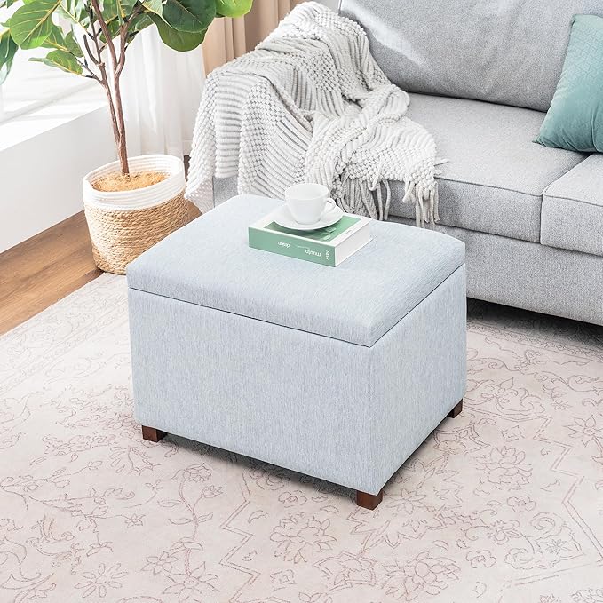 Joveco 24" Linen Storage Ottoman Bench, Rectangle Foot Rest Stool for Living Room, Bedroom, Entryway, Linen Llight Bue