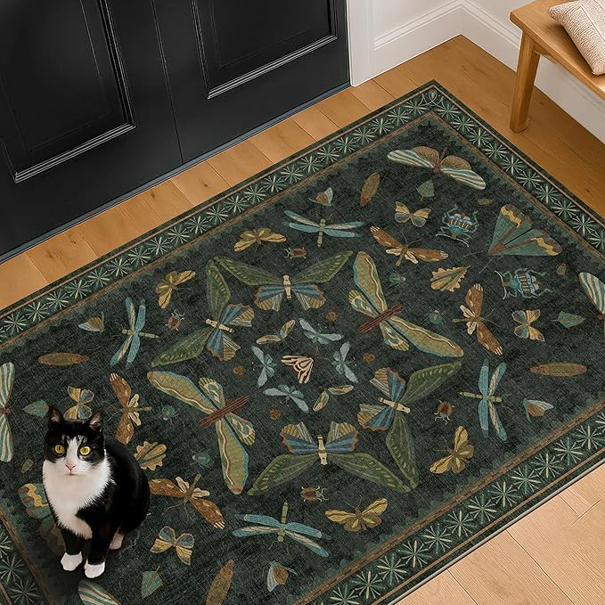 3x4 Unique Entryway Rug - Throw Rug for Large Kitchen, Entry Way, Mudroom, Dark Green and Black Insect Print, Washable Low Pile Floor Carpet