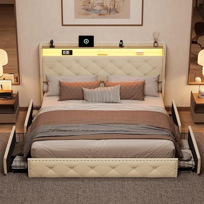 BRELTAM Queen Size Bed Frame with 4 Storage Drawers Platform Bed with Headboard,Upholstered Velve Tufed Bed Frame&LED Light and Charging Station,Heavy Duty Wood Slats,Noise Free,Easy Assembly,Beige