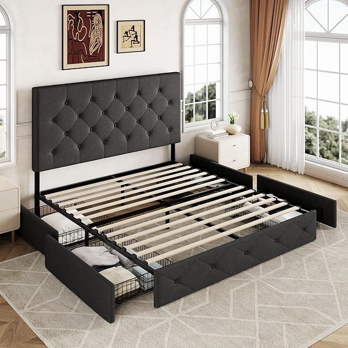Allewie Upholstered Queen Size Platform Bed Frame with 4 Storage Drawers and Headboard, Diamond Stitched Button Tufted, Mattress Foundation with Wooden Slats Support, No Box Spring Needed, Dark Grey