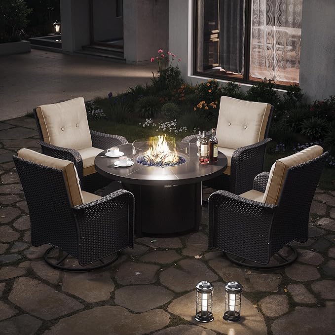 Kurapika 5 Pieces Patio Furniture Set, Rattan Wicker Outdoor Conversation Sets, 4 Woven Rattan Swivel Chairs w/48in Propane Fire Pit Table and Thickened Cushions, Sand