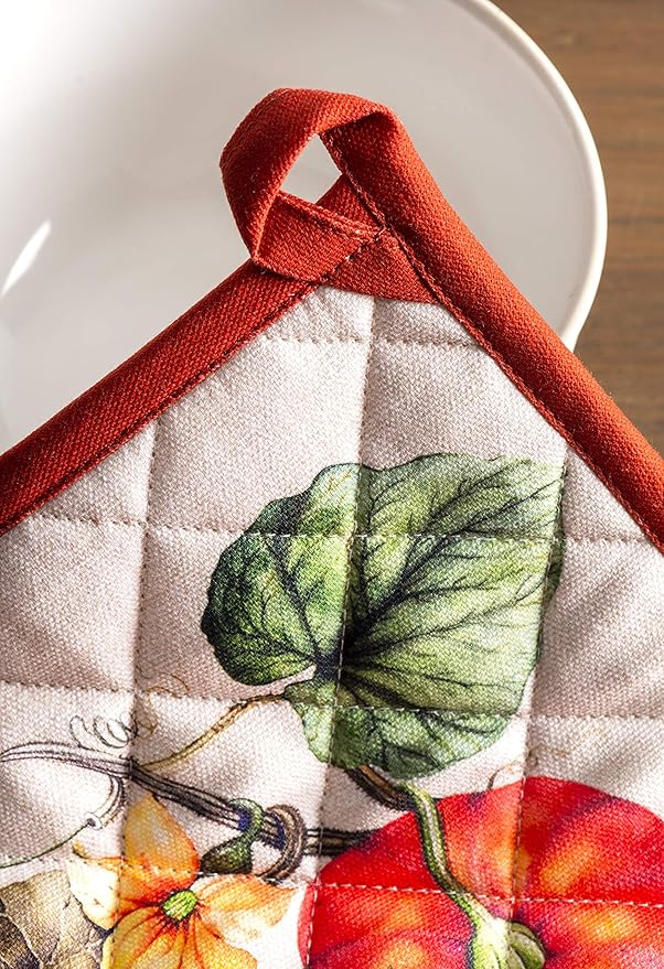 Maison d' Hermine 100% Cotton Oven Mitt & Pot Holder Set (7.5"x13" & 8"x8") Heat Resistant BBQ Cooking Gloves with Loop for Thanksgiving Christmas Decorations Handling Hot Pans (Potiron)