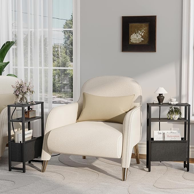 Narrow Side Table with Charging Station, Slim End Table with Magazine Rack, Bedside Table for Small Spaces, 3 Tier Sofa Couch Table Nightstand for Living Room, Bedroom, Black LET503BE