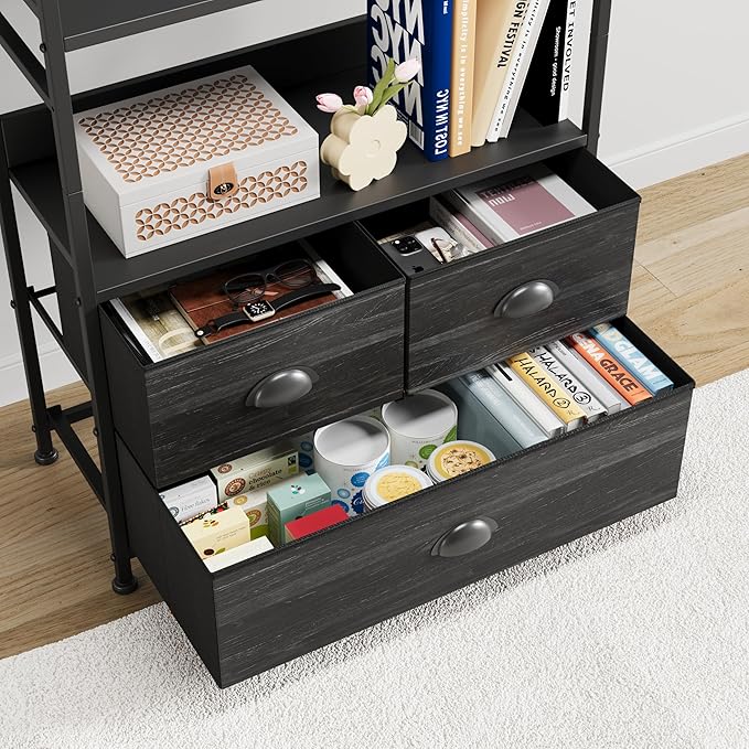 6 Tier Bookshelf, 47-Inch Small Bookcase with 3 Fabric Storage Drawers, Wood and Metal Book Shelf Storage Organizer, Industrial Display Standing Shelf Unit for Bedroom, Living Room, Black