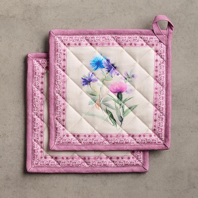 Maison d' Hermine Pot Holders Set 100% Cotton Heat Resistant Potholders 8" x 8" Hot Pads with Loop BBQ, Cooking, Baking, Grilling, Kitchen, Handling Hot Pans Spring/Summer (Pack of 2, Chardon)