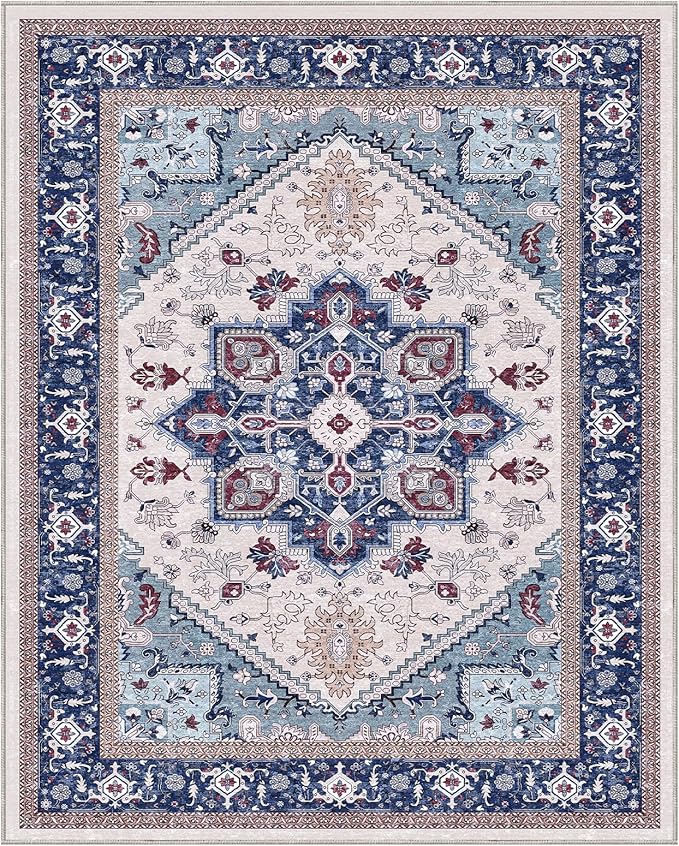 OPPODREAM Thin 8x10 Area Rugs, Washable Rugs 8x10 with Non Slip Backing, Faux Cashmere Low-Pile 8 x 10 Carpet, Navy Blue & Red & Cream