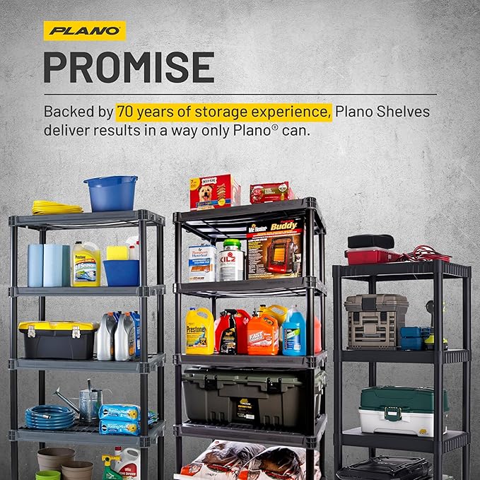 Plano 4-Shelf Plastic Storage Shelves, 48” x 23” x 14”, 200lb Capacity, Pantry, Office, Closet and Garage Shelves, Easy to Assemble, Durable Plastic Shelving Unit