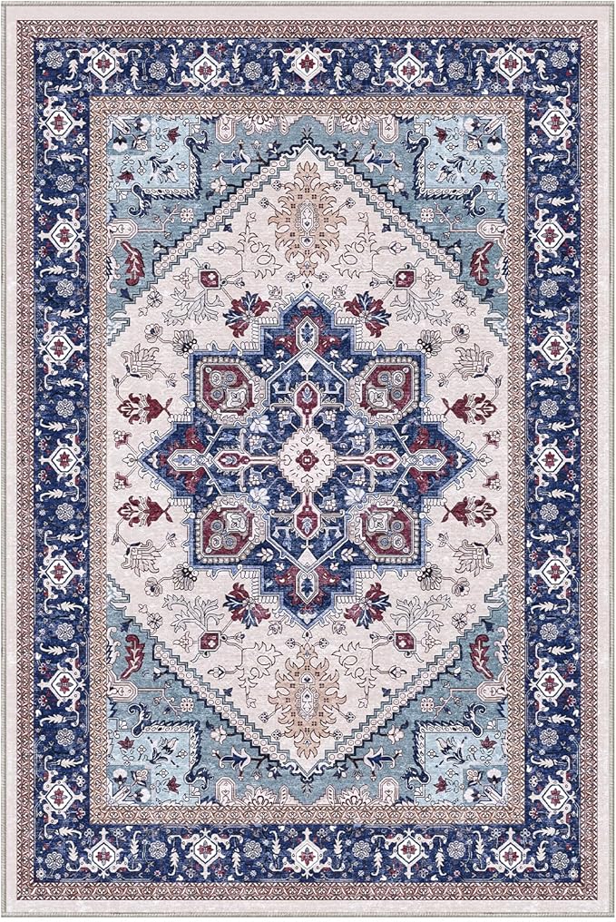 OPPODREAM Thin Throw Rugs 2x3, Small Washable Entryway Rugs 2 x 3 with Non Slip Backing, Low-Pile Faux Cashmere 2 x 3 Carpet, Navy Blue & Red & Cream