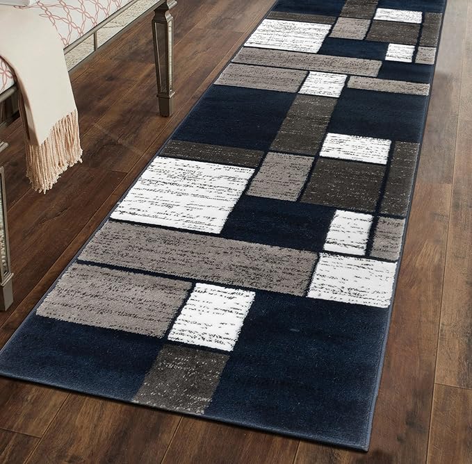 Rugshop Modern Geometric Boxes Navy Area Rug, Carpet with Jute Backing for Hallway, Entryway, or Laundry Room, 2' x 7'2"