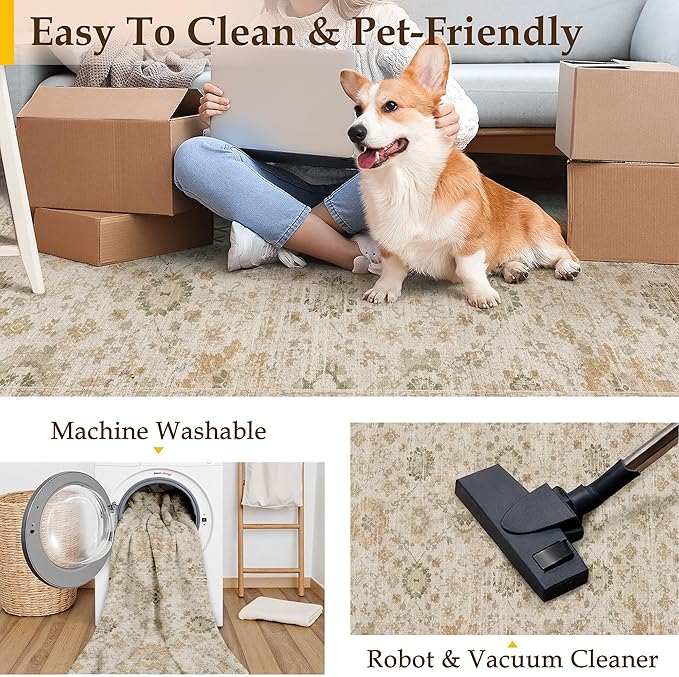 Beige 2x6 Runner Rug Hallway Non Slip Kitchen Vintage Distressed Long Carpet Indoor Machine Washable Traditional Floral Bedroom Accent Throw Rug for Office Laundry Bathroom Dining Living Room