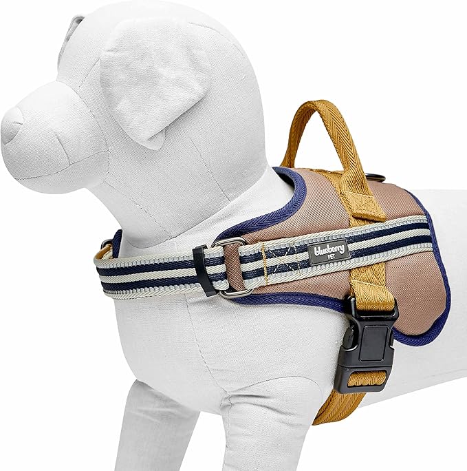 Blueberry Pet Soft 3M Reflective Dog Harness Vest | Mesh Padded No-Pull Harness with Back Clips | Multicolor Stripe in Olive and Blue-Gray| Adjustable for Medium Dogs