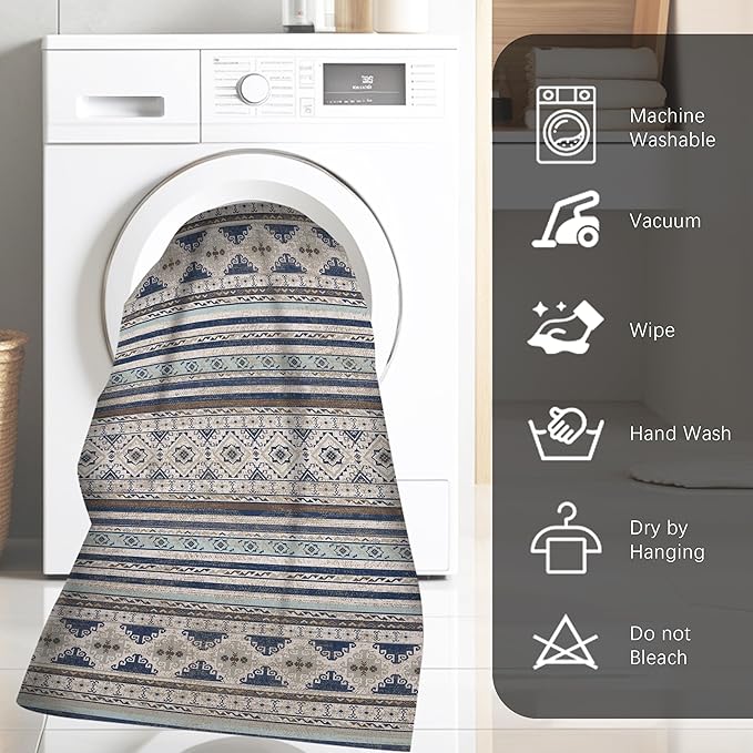 RUGSURE Washable Area Rugs 4' x 6' - 1/6 Thick - Moroccan-Inspired -Stain & Water Resistant Non-Slip - Resistant Rug for Living Room, Bedroom, Nursery, Pet & Child Friendly (Blue and Brown)