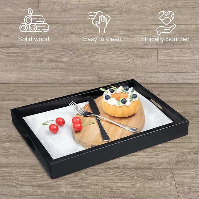 Black Acacia Wooden Rectangular Serving Tray with Handles, Set of 2 (15"x11"), Large Tray for Ottoman, Breakfast in Bed, Dinner, Coffee Table Decor & Kitchen