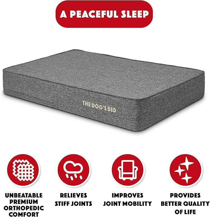 The Dog’s Bed Orthopedic Memory Foam Dog Bed, Large Grey Linen 40x25, Pain Relief for Arthritis, Hip & Elbow Dysplasia, Post Surgery, Lameness, Supportive, Calming, Waterproof Washable Cover