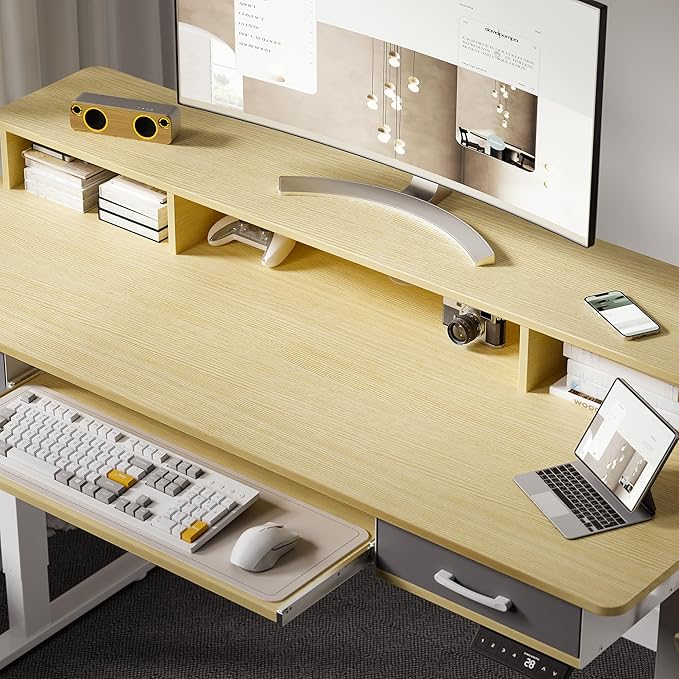 55 Inches Electric Standing Desk with Keyboard Tray, Height Adjustable Sit to Stand Table with 2 Drawers, Ergonomic Home Office Desk with Storage Shelf, Computer Table, Oak