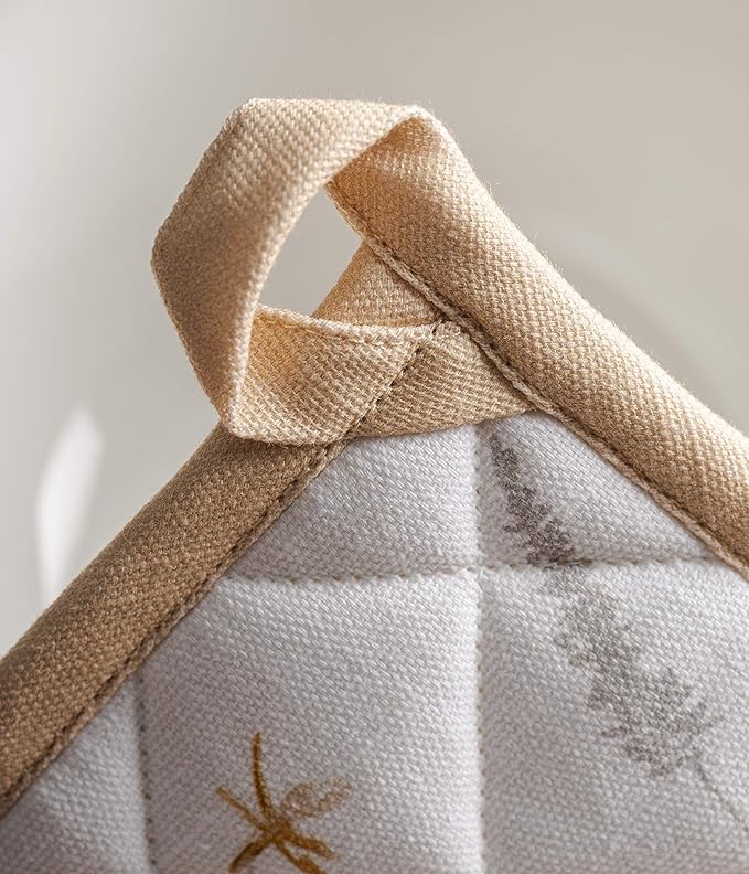 Maison d' Hermine Pot Holders Set 100% Cotton Heat Resistant Potholders 8" x 8" Hot Pads with Loop BBQ, Cooking, Grilling, Kitchen, Handling Hot Pans Spring/Summer (Pack of 2, Meadow Florals - Beige)