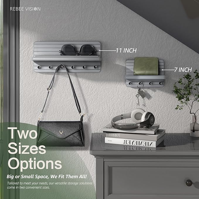 Rebee Vision Decorative Key Holder Wall Mount for Room Decor Aesthetic – Modern 11-inch Pine Wooden Key Holder for Wall with 6 Hooks & Floating Shelf - Sleek Home Improvement Essential (Gray)