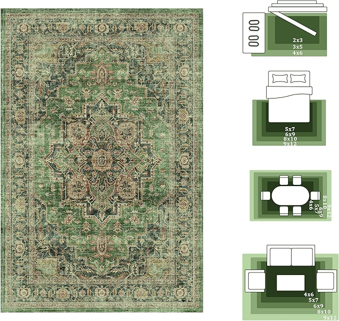 6x9 Area Rugs for Living Room Ultra-Soft Washable Rug Vintage Distressed Boho Area Rug, Non-Slip Retro Print Low Pile Stain Resistant Carpet for Bedroom Dining Room Kitchen Office