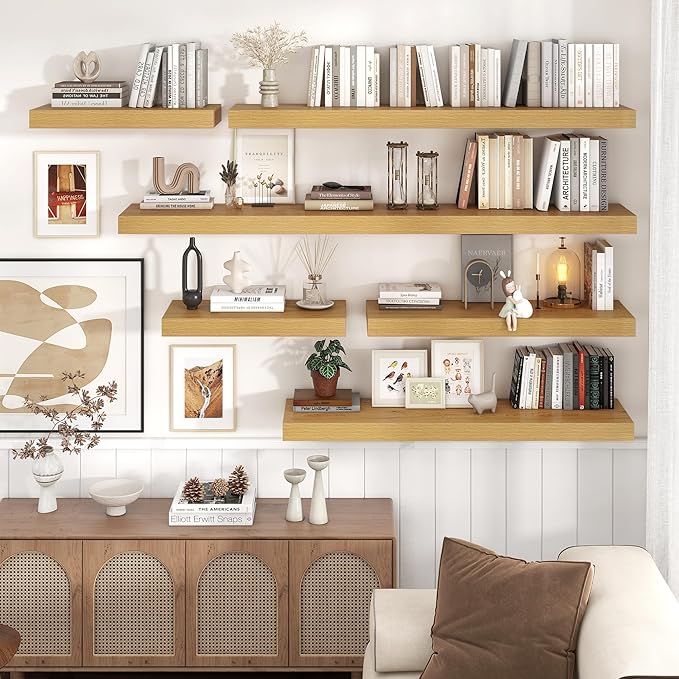 Floating Shelves for Wall, 48 Inch Wide x 12 Inch Deep Floating Shelves, Long Wood Floating Wall Shelf Shelves for Living Room Bathroom Bedroom Kitchen Home - (Oak, 48" W x 12" D x 2" H)