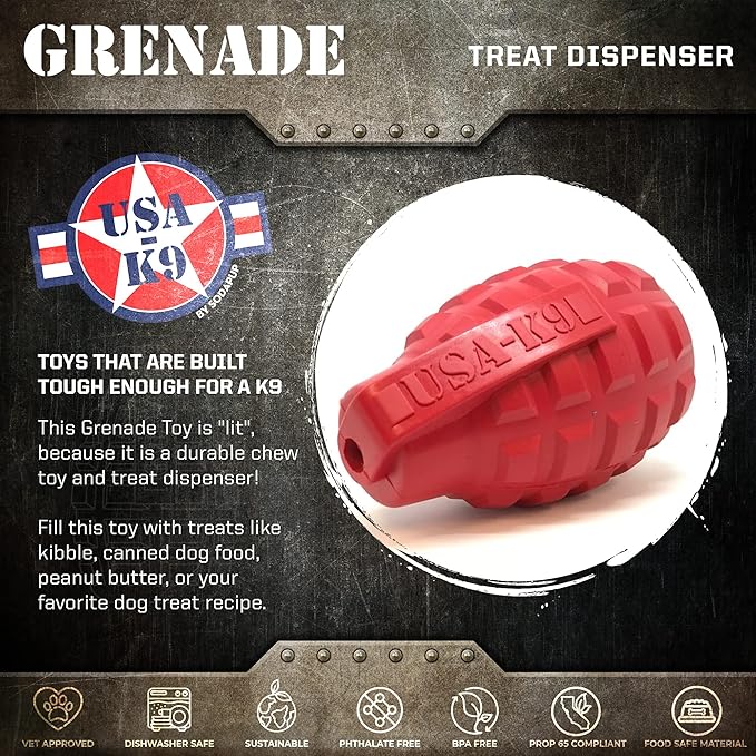 SodaPup USA-K9 Grenade – Durable Dog Treat Dispenser and Chew Toy Made in USA from Non-Toxic, Pet Safe, Food Safe Natural Rubber Material for Mental Stimulation, Problem Chewing, Calming Nerves & More