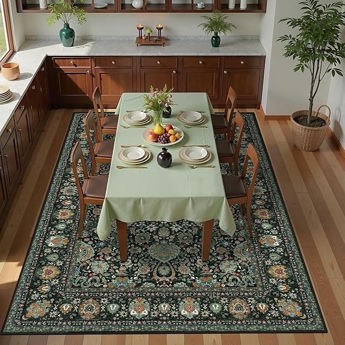 6x9 Vintage Rugs for Dining Room, Washable Rugs Non Slip Large Area Rug for Living Room Bedroom Office, Floor Decoration Big Rug Low-Pile Kid & Pet Friendly(Dark Green