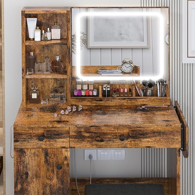 IRONCK Vanity Desk with LED Lighted Mirror & Power Outlet, Makeup Table with Drawers & Cabinet,Storage Stool,for Bedroom, Vintage Brown