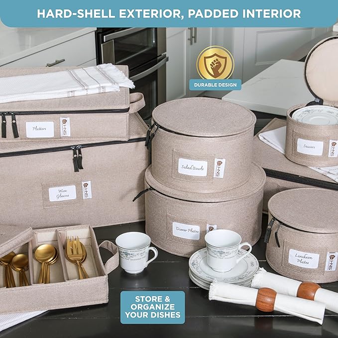 Hard Shell China Storage Containers 8-Piece Set Moving Boxes for Dinnerware, Glasses, Plates, Mugs and Saucers Sturdy Dish Organizer with Dividers for Seasonal Storage - Service for 12 - Brown