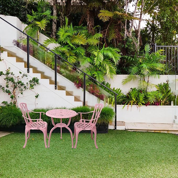 3-Piece Cast Aluminum Patio Bistro Set, Outdoor Rust-Resistant Furniture with 2 Chairs and Table (Pink)