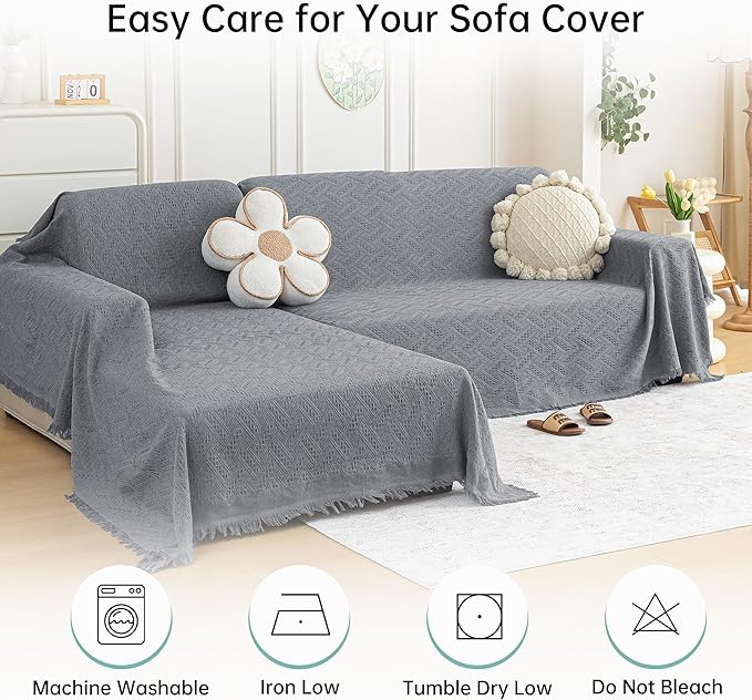 MYSKY HOME Couch Cover for Sectional Sofa, 2 Pieces Couch Covers for L Shape Sofa Geometrical Sofa Slipcovers for 2-3 Cushion Couch Sofa Throws for Pets, Kids (71"x118"+71"x118", Frost Grey)